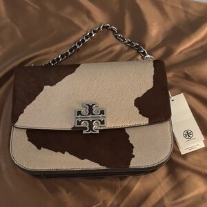 Tory Burch Brown and Cream Shoulder Bag with Flap Design and Chain Strap
